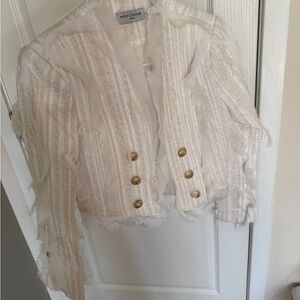 White and Gold Cropped Blazer with Textured Fabric and Rounded Collar